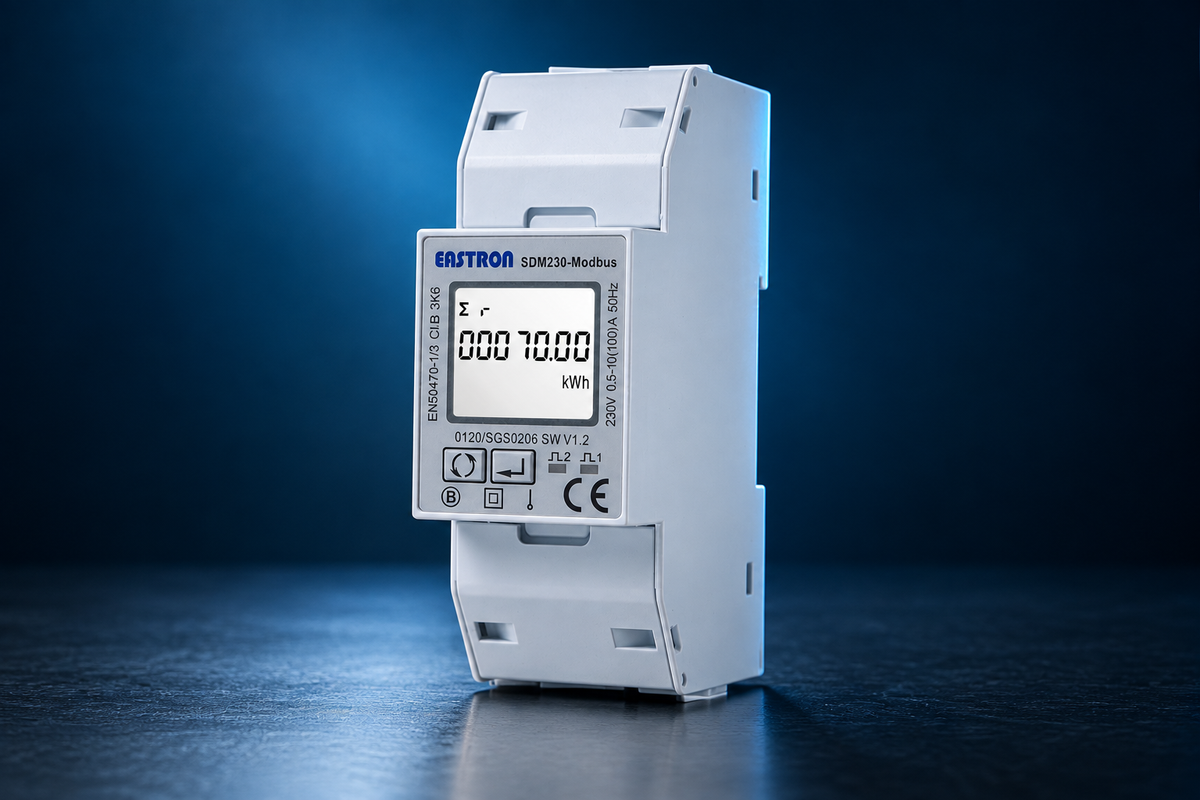 Eastron SDM230 Modbus 1-fase kWh-meter in een blauw verlichte studio