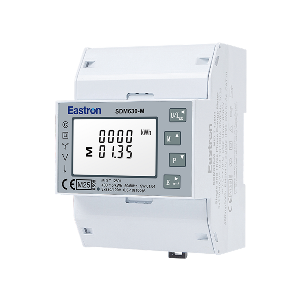 Eastron SDM630-M Modbus 3-fase energiemeter 100A MID, schuin vooraanzicht