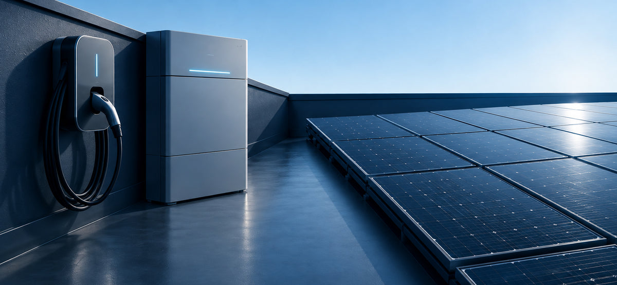 Zonnepanelen, een laadpunt en thuisbatterij bij een moderne woning
