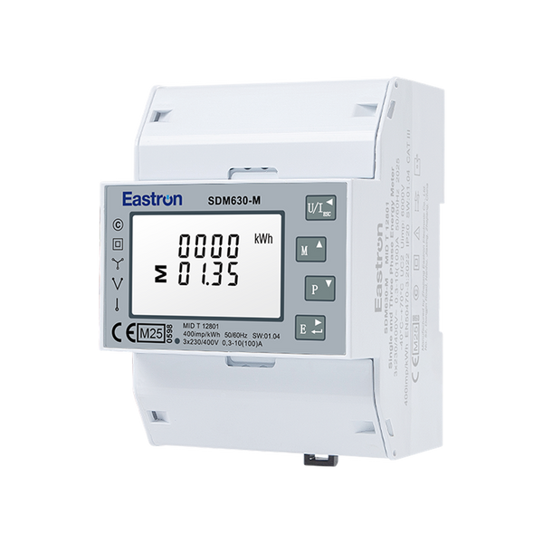 Eastron SDM630-M Modbus 3-fase energiemeter 100A MID, schuin vooraanzicht